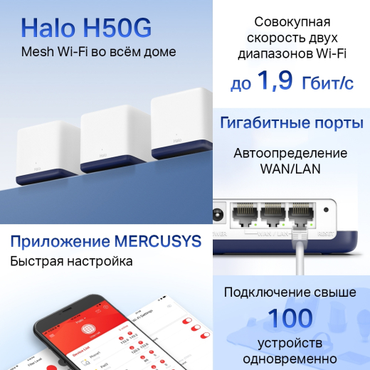 Бездротовий маршрутизатор Mercusys Halo H50G(3-pack) (AC1900, 3хGE WAN/LAN, Beamforming, MESH, 3-pack) - 2