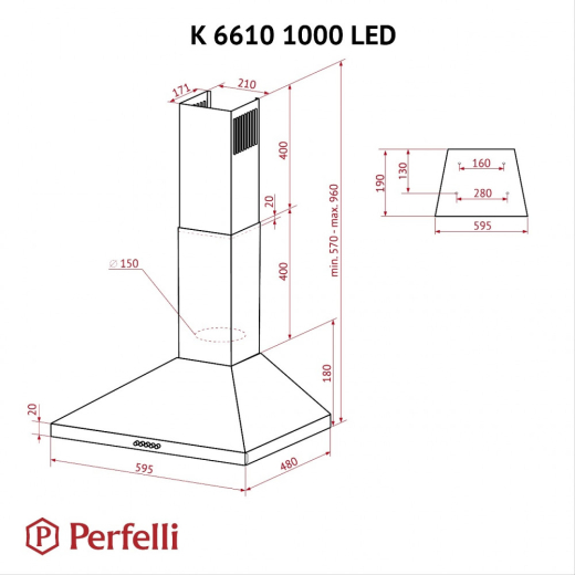 Витяжка купольна Perfelli K 6610 WH 1000 LED - 10