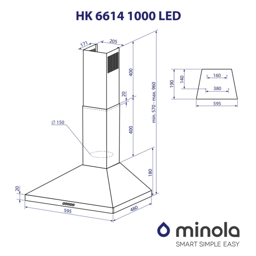Витяжка купольна Minola HK 6614 WH 1000 LED - 10