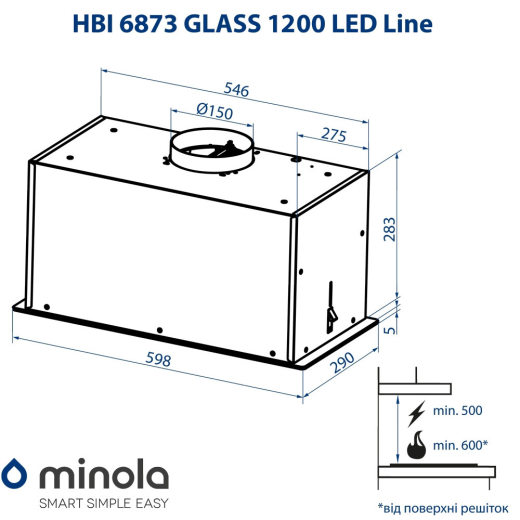 Витяжка вбудована Minola HBI 6873 BL GLASS 1200 LED LINE - 10