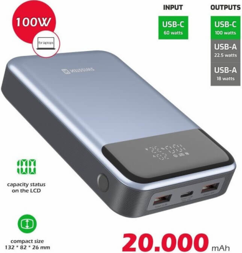 Внешний аккумулятор (павербанк) Swissten 20000mAh 100W Silver (22013932) - 2
