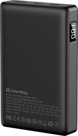 Зовнішній акумулятор (павербанк) ColorWay 20000mAh 65W Black (CW-PB200LPA3BK-PDD) - 4