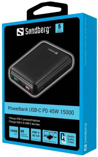 Універсальна мобільна батарея Sandberg Powerbank 15000mAh PD 45W Black (420-66) - 2