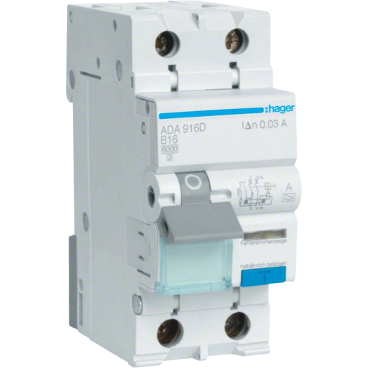 Дифавтомат 1P+N, 6kA, B-16A, 30mA, A Hager ADA916D - 1