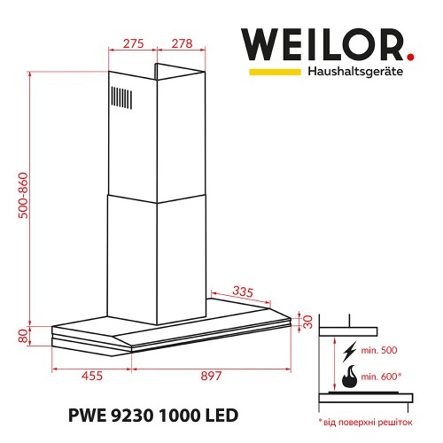 Витяжка WEILOR PWE 9230 SS 1000 LED - 5