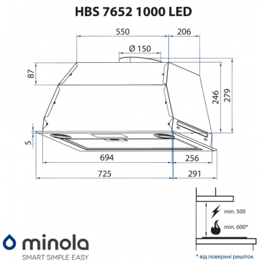 Вытяжка полновстраиваемая Minola HBS 7652 WH 1000 LED - 11