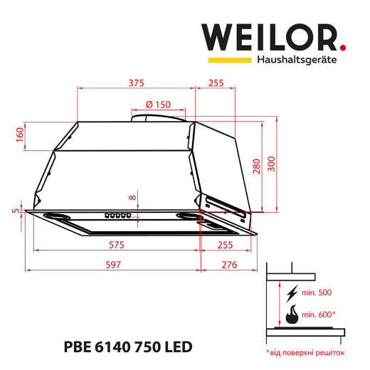 Вытяжка полновстраиваемая WEILOR PBE 6140 SS 750 LED - 5
