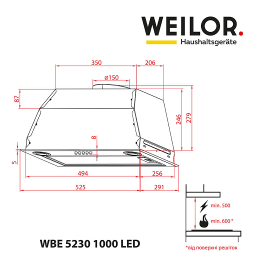 Вытяжка полновстраиваемая WEILOR WBE 5230 SS 1000 LED - 6