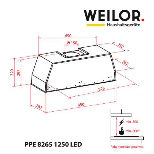 Вытяжка полновстраиваемая WEILOR PPE 8265 SS 1250 LED - 11