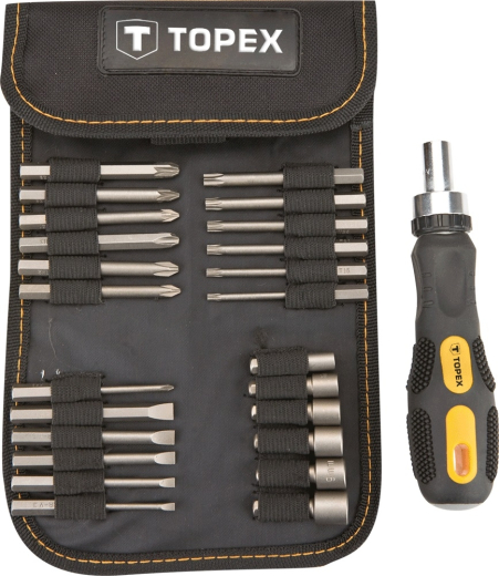 Отвертка и набор насадок TOPEX, 26 ед., 1/4", битодержатель, биты длинные 65 мм, торцевые головки (39D352) - 1