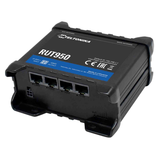 Беспроводной маршрутизатор Teltonika RUT950 (RUT950U022C0) (industrial, N300, 1xFE WAN, 3xFE LAN, 2xSIM, 4G/LTE.Cat4, MODBUS, 4 pin DC, IP30, ALU Case, RMS, CLI, IoT, монтаж DIN rail, 2xSMA для LTE, 2xRP-SMA для WiFi) - 1