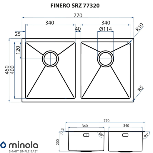 Мойка кухонная нержавеющая сталь Minola FINERO SRZ 77320 - 9