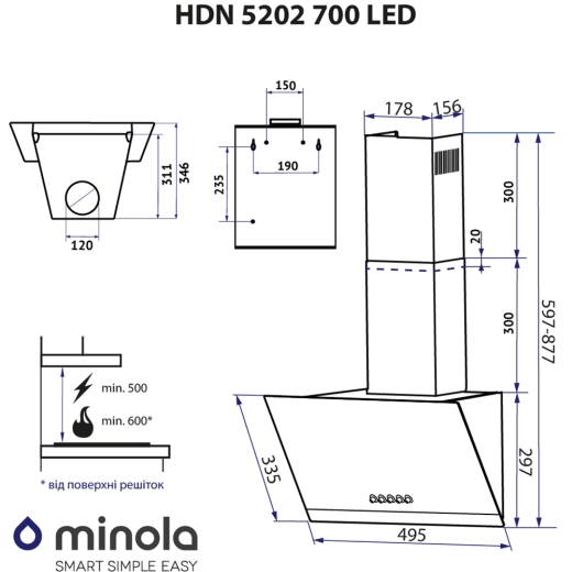 Витяжка Minola HDN 5202 WH/INOX 700 LED - 14