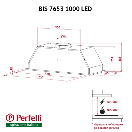 Витяжка повно вбудована Perfelli BIS 7653 BL 1000 LED - 11