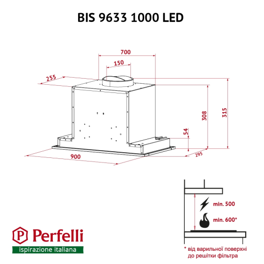 Витяжка повно вбудована Perfelli BIS 9633 I 1000 LED - 10