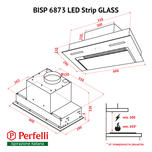 Витяжка повно вбудована Perfelli BISP 6873 WH LED Strip GLASS - 15