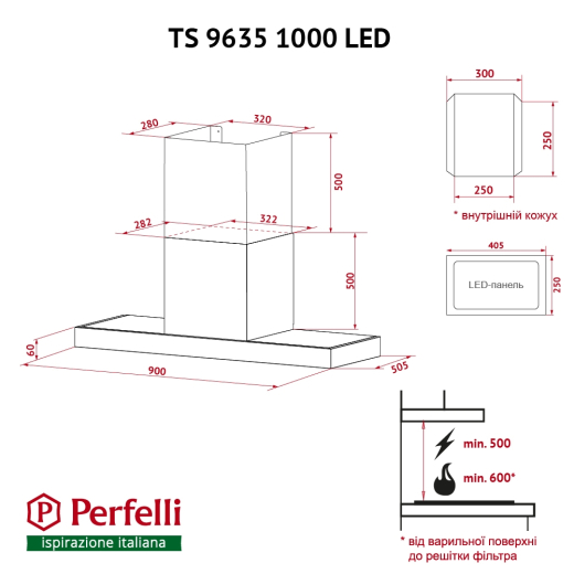 Витяжка Perfelli TS 9635 I/WH 1000 LED - 11