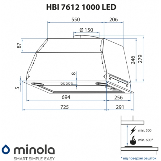 Витяжка повновбудована Minola HBI 7612 WH 1000 LED - 11