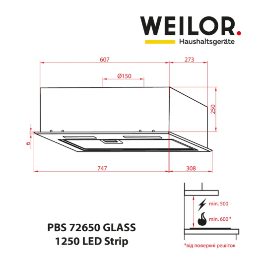 Вбудована витяжка Weilor PBS 72650 GLASS BG 1250 LED Strip - 7