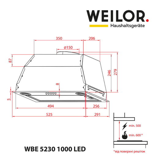 Вытяжка полновстраиваемая WEILOR WBE 5230 BL 1000 LED - 8