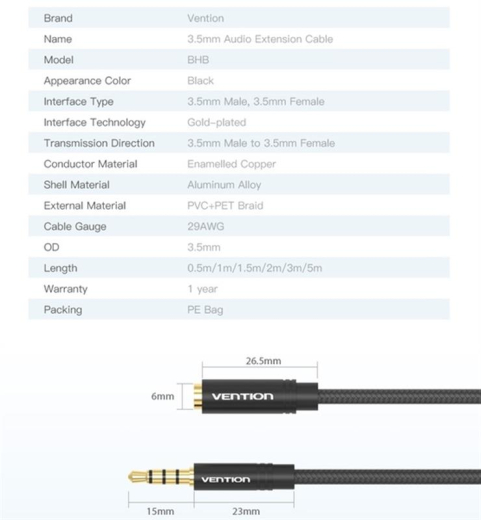 Кабель Vention Audio 3.5 mm M - 3.5 mm F, 3m, Black (BHBBI) - 2